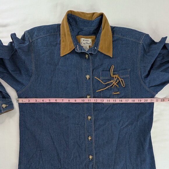 VTG Dark Wash Denim Blue Chambray Tan Suede Collared Tie Pocket Button Up Shirt - Picture 5 of 6